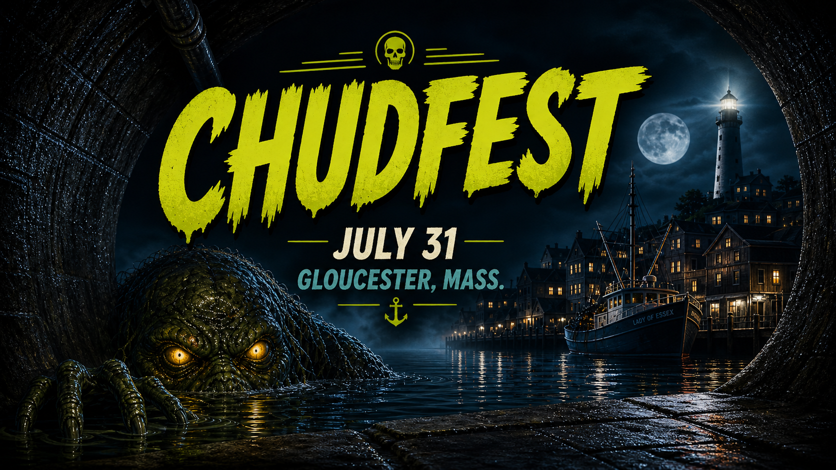 CHUDfest 2026 — July 31, Gloucester, Mass. A creature emerges from a sewer pipe overlooking Gloucester harbor by moonlight.